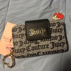 Juicy Couture Black and Beige Monogram Card Wallet with Gold Heart Charm